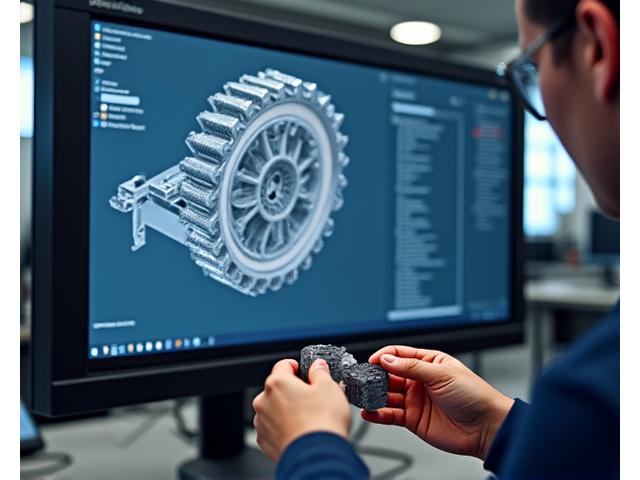 3D-Modell eines komplexen Sonderwerkzeugs auf einem Bildschirm mit Bauteilen im Hintergrund