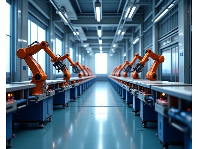 Automatisierte Industrieroboter arbeiten an einer Montagelinie in einer modernen Fabrik